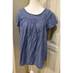St Johns Bay Blue Chambray Linen Blend Peasant Boho Blouse Tunic Womens L Top